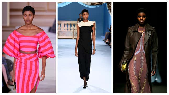 Victoria Fawole walking for Carolina Herrera (L), Tory Burch (Middle), and Altuzarra (R)