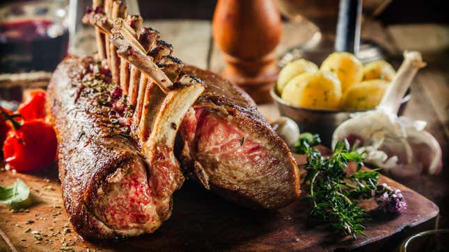 Rack of lamb on a table.