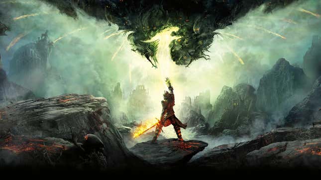 The key art for Dragon Age Inquisition, showing the player character raising their hand to use their control over the Fade. A dragon silhouette can be seen.