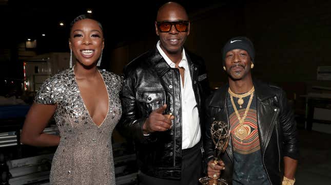 LOS ANGELES, CA - SEPTEMBER 17: 70th ANNUAL PRIMETIME EMMY AWARDS — Pictured: (l-r) Actors Samira Wiley, Dave Chappelle and Katt Williams attend the 70th Annual Primetime Emmy Awards held at the Microsoft Theater on September 17, 2018.