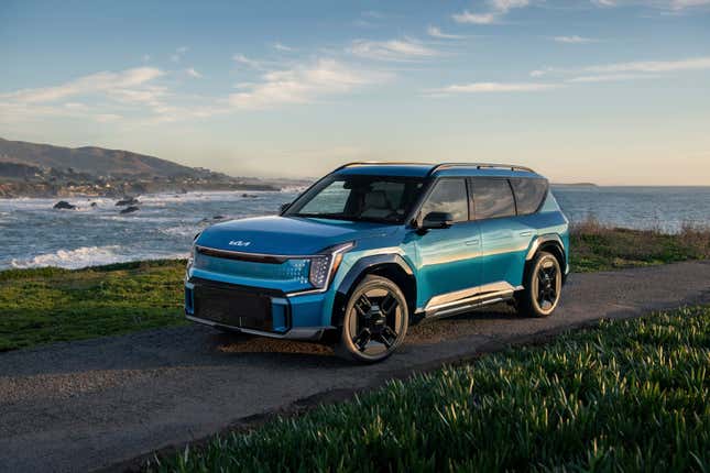 This photo provided by Kia shows the 2024 EV9. The EV9 is the least expensive three-row electric SUV you can buy, but it won&#39;t seem like it when you drive it. (Courtesy of Kia America via AP)