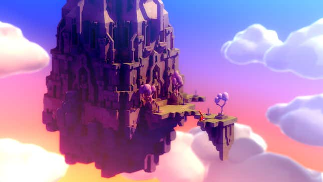 An isometric castle in Tunic floats in the clouds while the sun sets beneath it. 