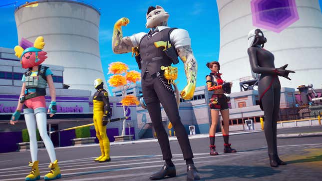 Fortnite characters stand in the middle of a parking light at a power plant.