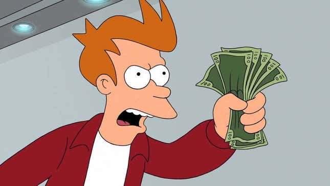 An image shows Futurama's Fry holding cash and yelling. 