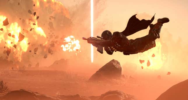 A screenshot of a Helldivers 2 player diving through the air while explosions from a stratagem go off in the background.