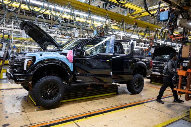 The new Ford F-150 truck goes through the assembly line at the Ford Dearborn Plant on April 11, 2024 in Dearborn, Michigan. Both the new F-150 and the all-new Ford Ranger trucks were launched today at a celebratory event at the Dearborn plan