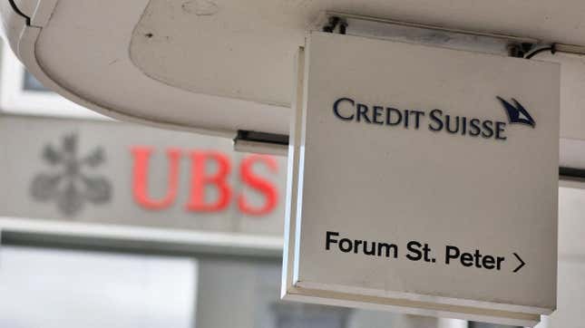 Logos of Swiss bank UBS and Credit Suisse in Zurich, Switzerland March 20, 2023.