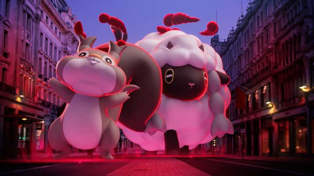 A large squirrel and sheep Pokémon walking down a city street.