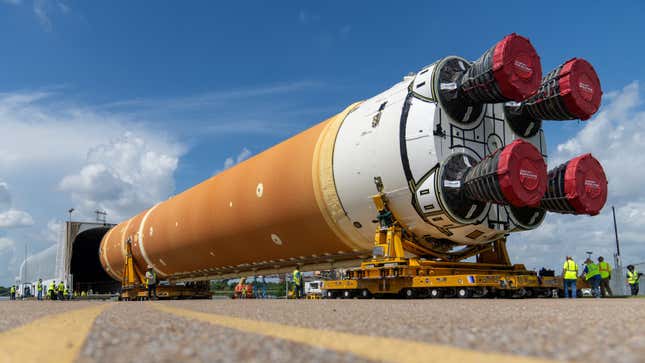 A photo of the core stage of NASA's Artemis II rocket. 