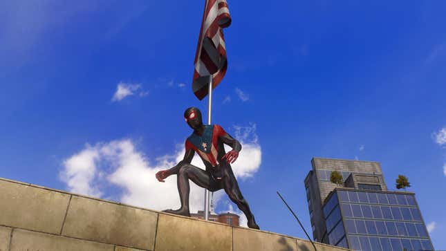 A Marvel's Spider-Man 2 screenshot shows Miles Morales wearing his Boricua suit. 