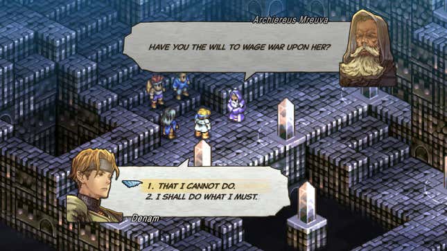 Two characters talking within a temple in Tactics Ogre
