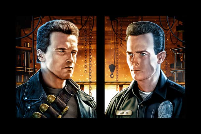 Artist Cuyler Smith's artwork of Arnold Schwarzenegger and Robert Patrick as their Terminator 2 characters.