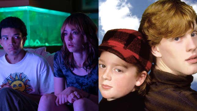 Left: Justice Smith and Brigette Lundy-Pain in I Saw The TV Glow (Photo: A24) Right: Danny Tamberelli and Michael Maronna in promo art for The Adventures Of Pete And Pete (Image: Viacom)