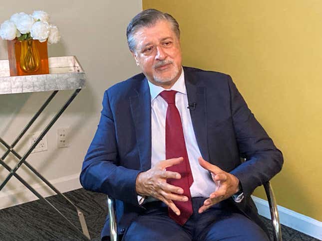 Adnan Amin, CEO and number two official at the upcoming Conference of Parties (COP28) in Dubai, answers questions during an interview, Monday, Sept. 18, 2023, at United Nations Headquarters. Amin said he knows what activists, critics and the head of the United Nations really want – a phase out of fossil fuels that cause climate change. He said it looks unlikely. (AP Photo/Joseph Frederick)