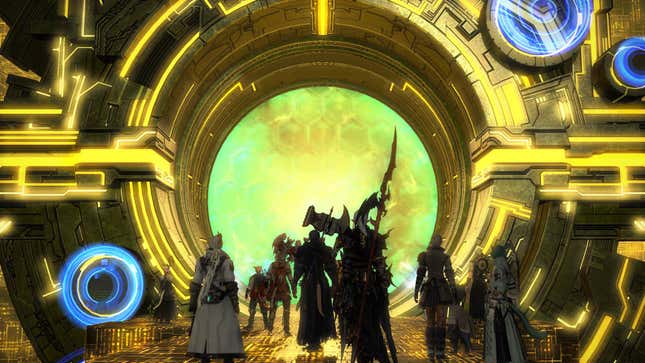 A party of characters stand before a large portal.