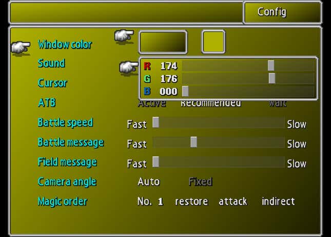 A screenshot of FF7's menu system shows configuration options.