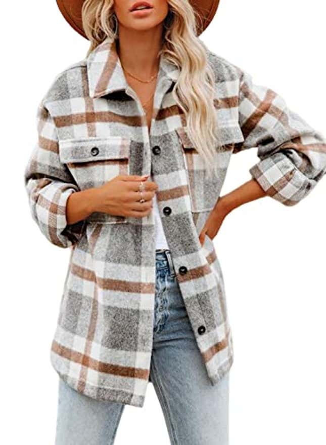 Image for article titled Beaully Women&#39;s Brushed Plaid Shirts Long Sleeve Flannel Lapel Button Down Pocketed Shacket Jacket Coats 6017 Khaki Medium, Now 24% Off