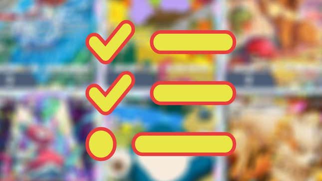 Una lista de verificación delante de algunas cartas de Pokémon borrosas.