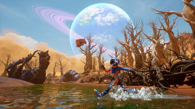 An astronaut runs across a river.