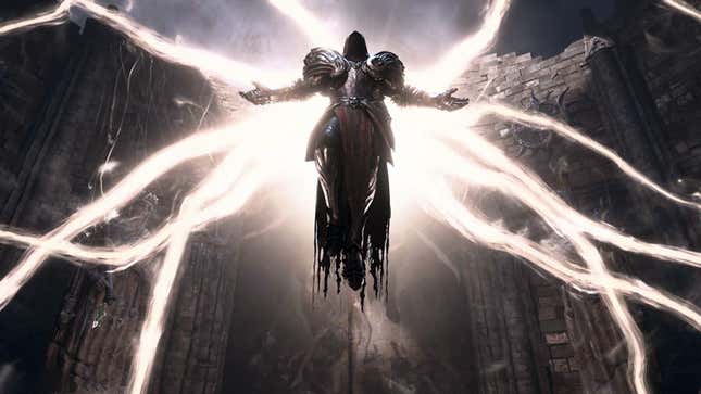 In this Diablo 4 image, a figure floats in the air with streaks of white light cascading behind them.