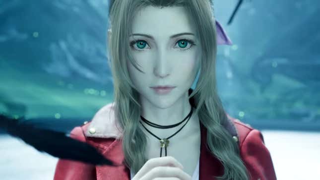 Final Fantasy VII sorceress Aerith Gainsborough prays as a black feather from Sephiroth's wing floats before her.