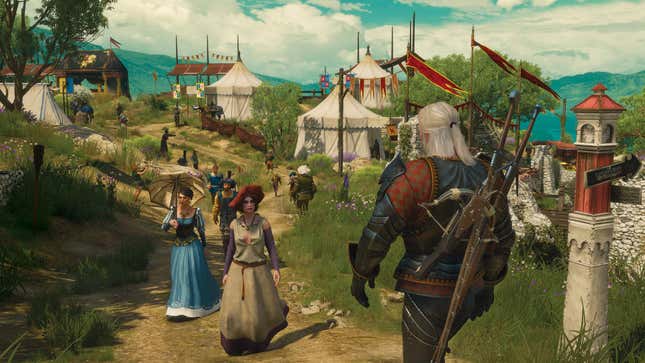 A screenshot of Geralt walking down a road in Toussaint in the Witcher 3 expansion, Blood and Wine.