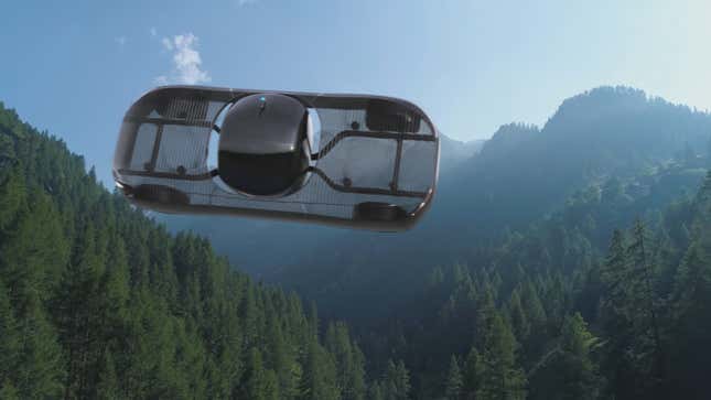 A rendered image of the flying car, oriented vertically, flying over an mountainous alpine landscape.