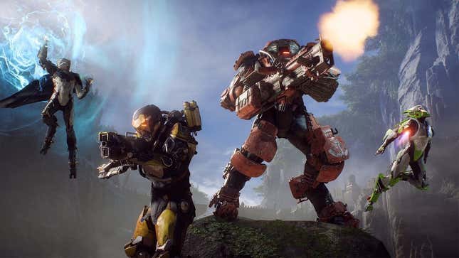 An important art image from Bioware's Anthem featuring four characters in various colorful robotic armors.