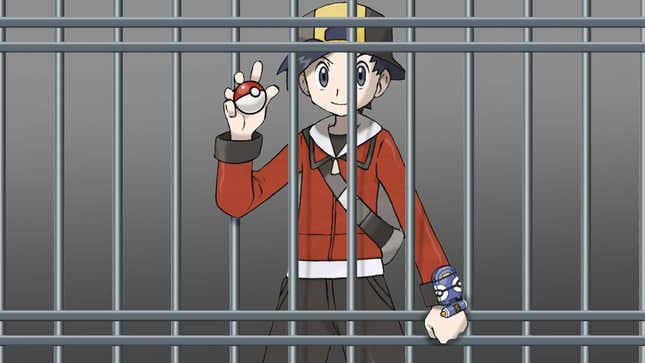 A Pokémon trainer holds a Poké Ball in their right hand while behind prison bars.