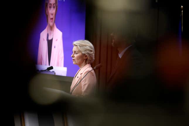 European Commission President Ursula von der Leyen addresses a media conference at an EU Summit in Brussels, Thursday, March 21, 2024. European Union leaders were urged Thursday to show the same respect for international law in Gaza as they aim to uphold in Ukraine, as hundreds of thousands of Palestinians face dire food shortages and possible famine. (AP Photo/Omar Havana)