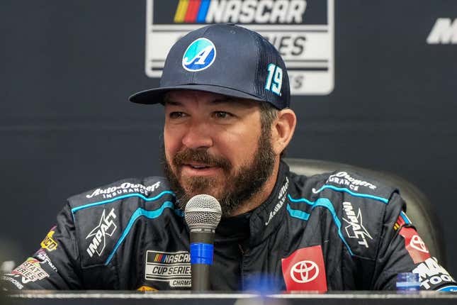 Oct 28, 2023; Martinsville, Virginia, USA; NASCAR Cup Series driver Martin Truex Jr. (19) addresses the media at Martinsville Speedway.