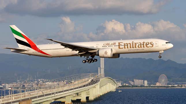 A plane lands at Kansai International Airport