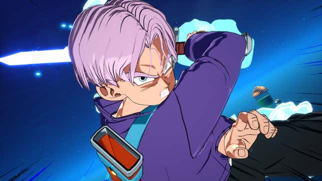 Trunks intensely glares at the camera while readying a glowing sword.