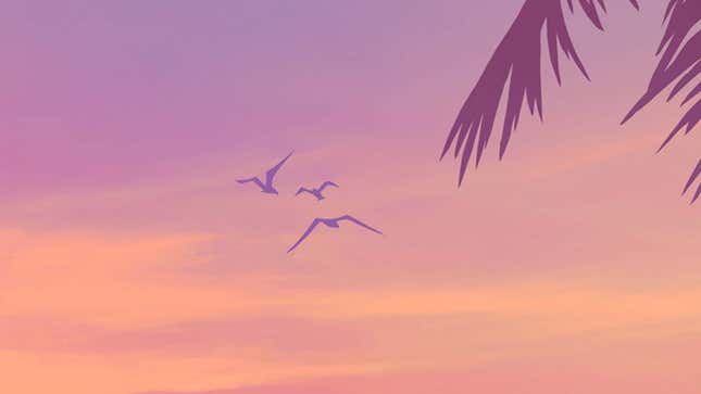 An image shows three purple birds flying into the sunset. 