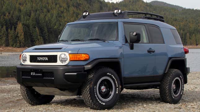 A photo of a blue Toyota FJ Cruiser SUV.