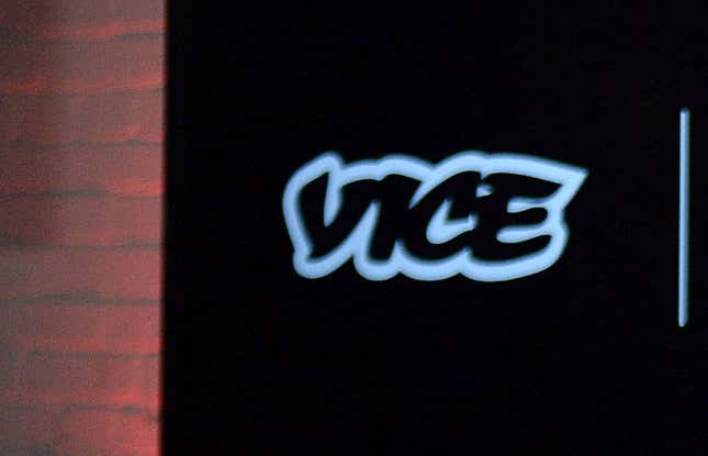 FILE - The Vice logo is seen at a joint venture announcement between Vice Media and Roger Communications in Toronto, Oct. 30, 2014. Vice Media&#39;s CEO has said in a memo to staff members that the troubled company plans to lay off several hundred employees. Bruce Dixon said Thursday, Feb. 22, 2024, that staff members affected by the layoffs will be notified early the following week. (Nathan Denette/The Canadian Press via AP, File)