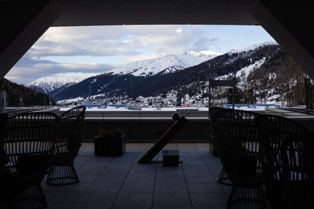 Snow covered residential buildings seen from the AlpenGold hotel ahead of the WEF.