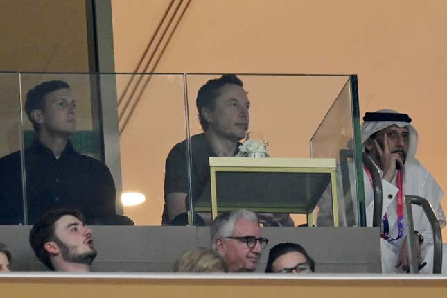  Jared Kushner and Elon Musk look on during the FIFA World Cup Qatar  2022 Final match between Argentina and France at Lusail Stadium on  December 18, 2022, in Lusail City, Qatar. 