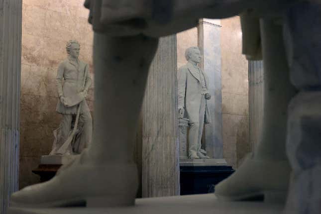 A statue of John E. Kenna (R), a Confederate soldier from West Virginia and U.S. Senator after the Civil War, is on display in the U.S. Capitol Hall of Columns June 18, 2020 in Washington, DC. Speaker of the House Nancy Pelosi (D-CA) has requested that Congress remove this statue and 10 others of Confederate soldiers and officials from the U.S. Capitol.