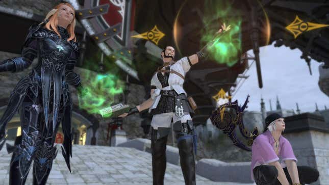 Final Fantasy XIV characters pose for a photo.