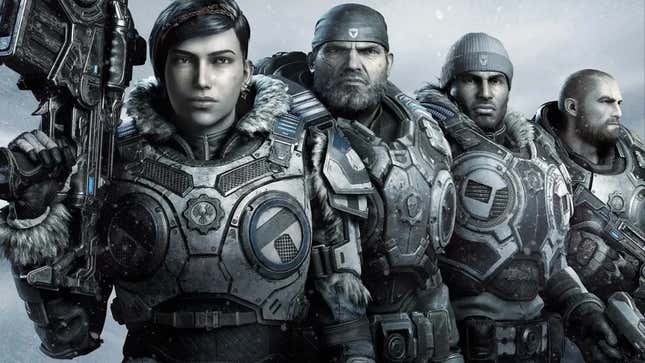The cast of Gears 5 standing together. 