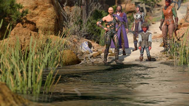 Shep, Gale, Shadowheart, Karlach und ein Tiefling-Kind stehen am Rande eines Sees.