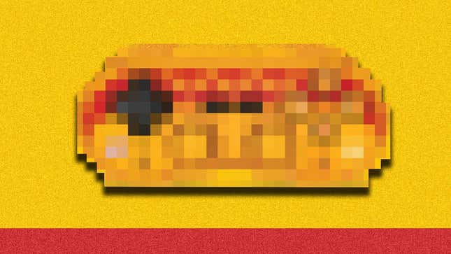 A pixelated image of the hotdog controller in front of a yellow background.