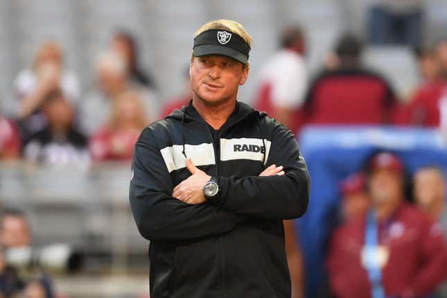  Head coach Jon Gruden of the Oakland Raiders looks on prior to the NFL game against the Arizona Cardinals at State Farm Stadium on November 18, 2018 in Glendale, Arizona.