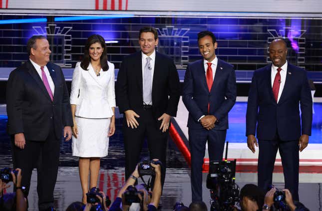 MIAMI, FLORIDA - NOVEMBER 08: Republican presidential candidates (L-R), former New Jersey Gov. Chris Christie, former U.N. Ambassador Nikki Haley, Florida Gov. Ron DeSantis, Vivek Ramaswamy and U.S. Sen. Tim Scott (R-SC) are introduced during the NBC News Republican Presidential Primary Debate at the Adrienne Arsht Center for the Performing Arts of Miami-Dade County on November 8, 2023 in Miami, Florida. Five presidential hopefuls squared off in the third Republican primary debate as former U.S. President Donald Trump, currently facing indictments in four locations, declined again to participate.