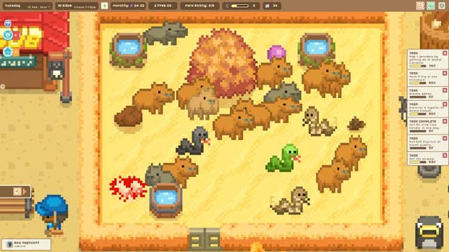 A screenshot from Let's Build a Zoo showing too many capybaras in one enclosure. 