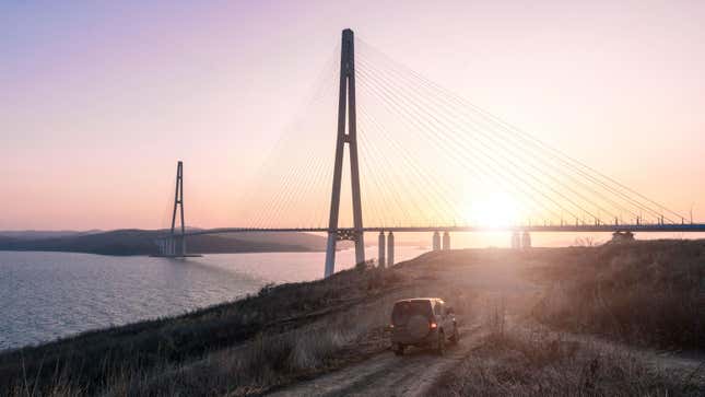 The Russky Bridge in Vladivostok, Russia at sunset