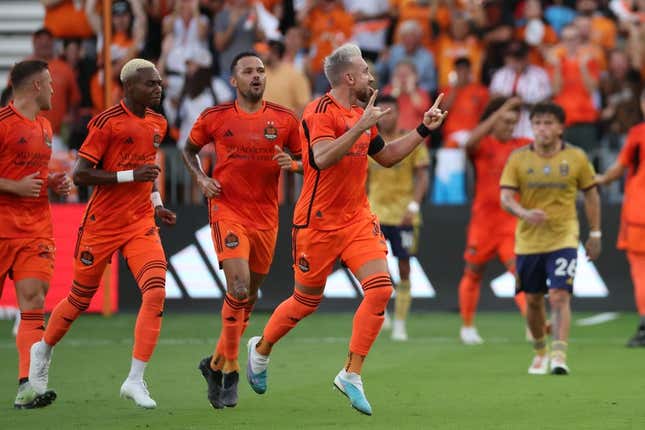 Oct 29, 2023; Houston, TX, USA; Houston Dynamo midfielder Hector Herrera (16) reacts after scoring a goal against Real Salt Lake game one in a round one match of the 2023 MLS Cup Playoffs at Shell Energy Stadium.