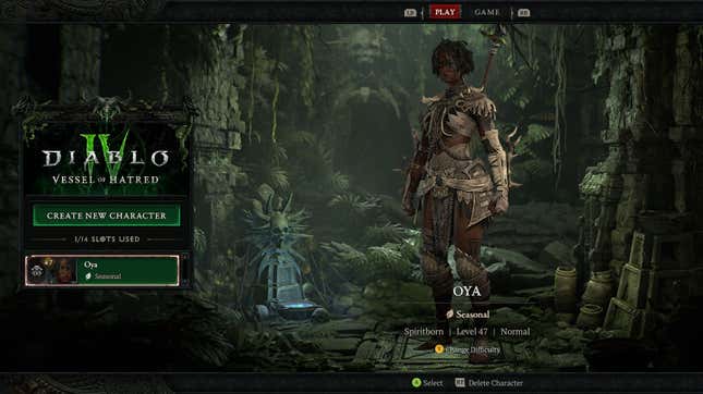 New character screen in Vessel of Hatred.