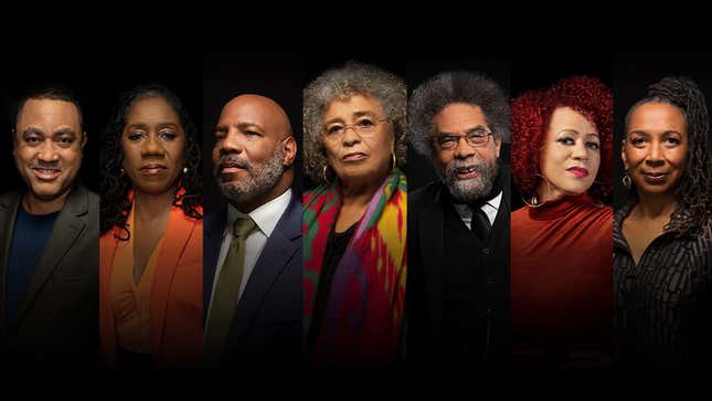 L-R: John McWhorter, Sherrilyn Ifill, Jelani Cobb, Angela Davis, Cornel West, Nikole Hannah-Jones and Kimberlé Williams Crenshaw